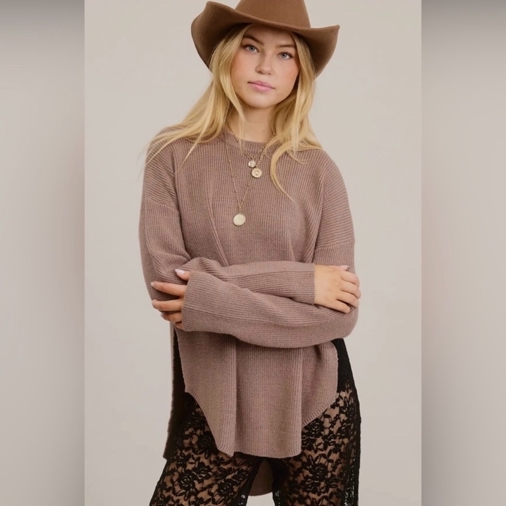 Mimosa mocha long sleeve sweater with side slits